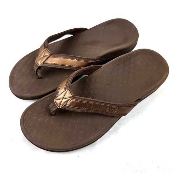 Vionic Tide II Flip Flops 7 Brown Bronze Leather Orthotic Sandals Womens - Picture 1 of 8
